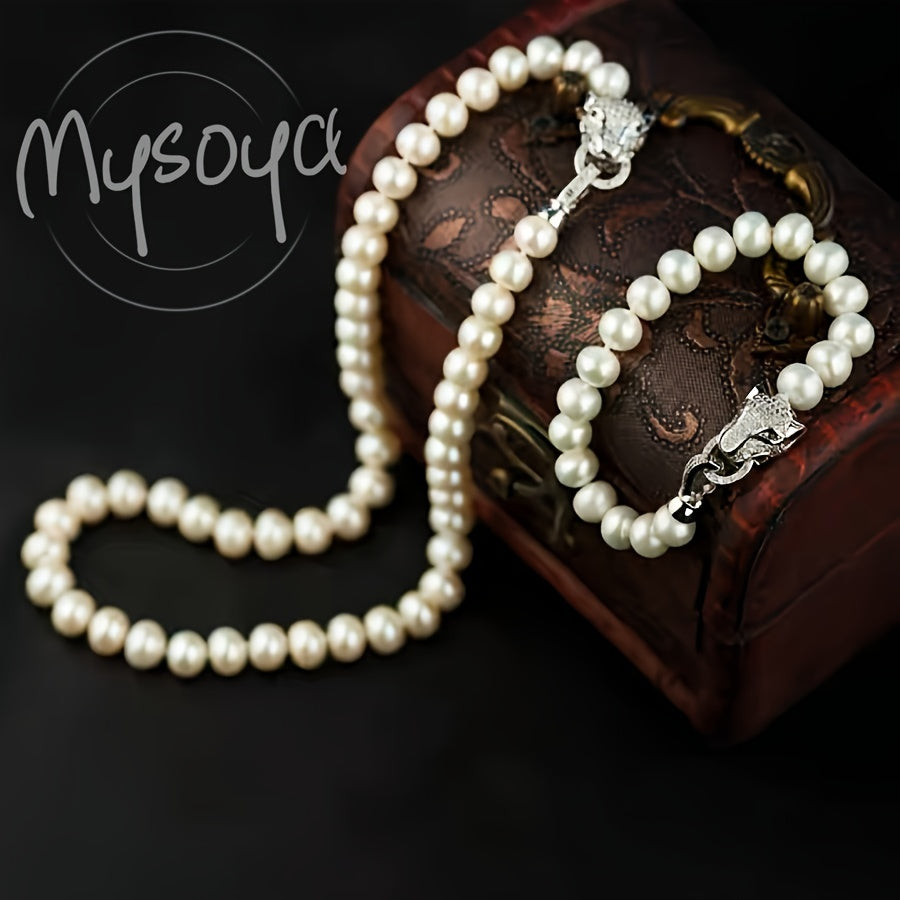 MYSOYA presents an exquisite luxury set of freshwater pearl jewelry featuring a stylish leopard head clasp. Handcrafted with genuine 8-9mm pearls, this unisex necklace and bracelet set is the perfect natural June birthstone accessory. Give the gift of