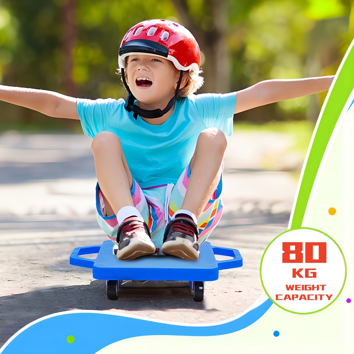 1pc Kids Riding Scooter Board with Handles in Red and Green, made of PP Material with Plastic Foot Wheels for 80kg Weight Capacity for Indoor/Outdoor Activities and Gymnastics Sports