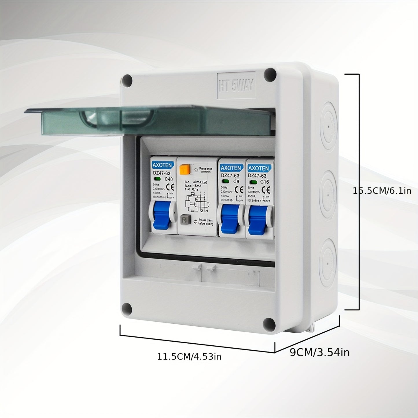 Surface-mounted 5/8/12-circuit micro circuit breaker combination switch box for home/office/shopping center power distribution.