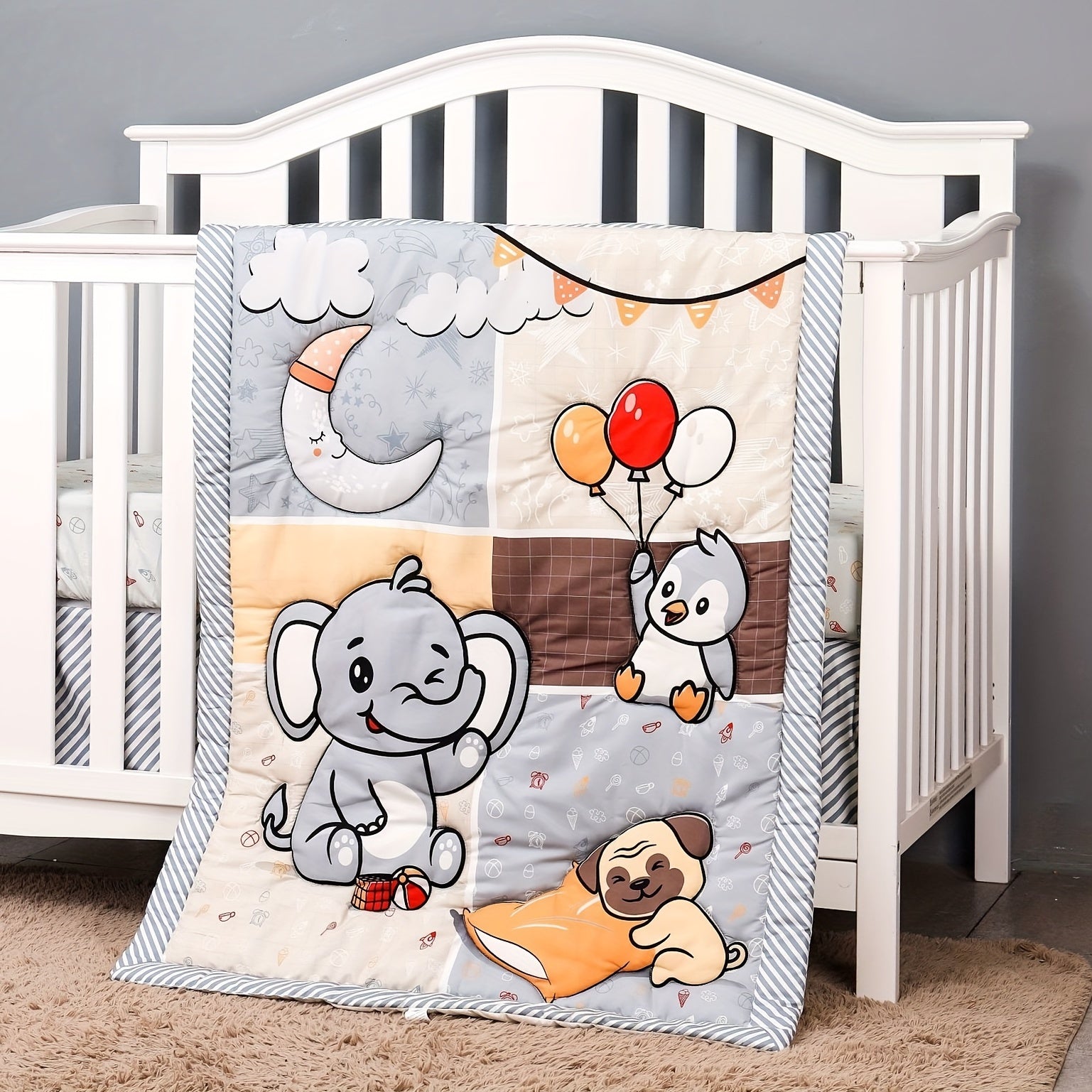 One piece of baby toddler blanket measuring 83.82x106.68cm, suitable for boys and girls. This all-season soft quilt can be used in the baby crib and features adorable elephant and penguin animal designs, perfect for nursery bedding.