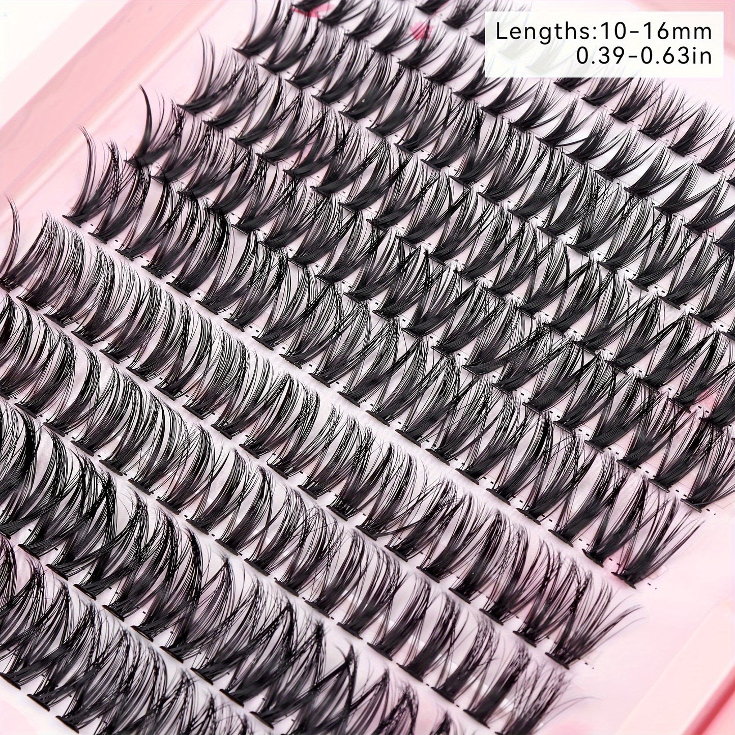 Mega Lift InLove Pink Series Lash Kit: 200 C-Curl false eyelash clusters, 10-16mm, hypoallergenic, easy to apply, and travel-friendly.