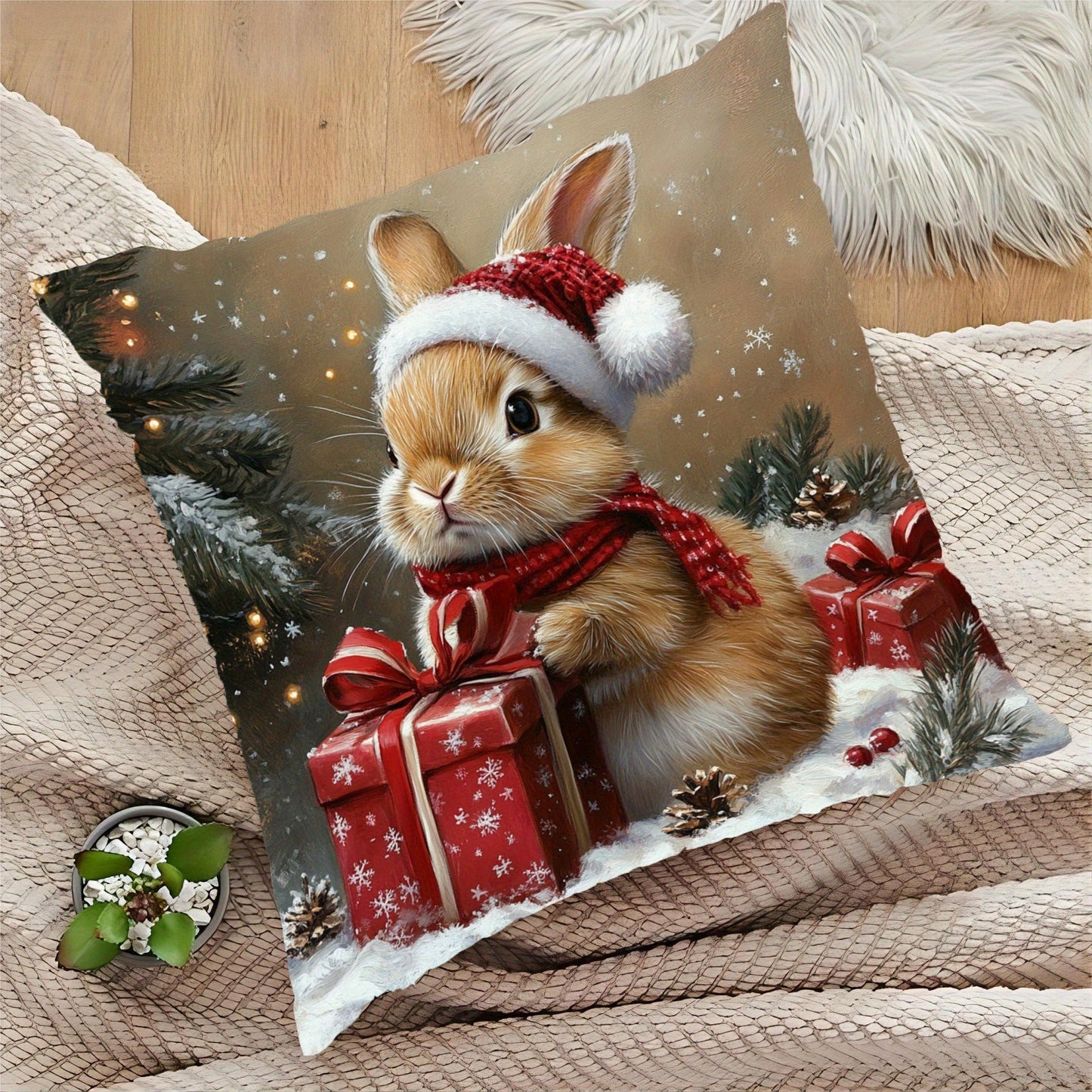 One piece of a short plush decorative pillow featuring a Netherland Dwarf rabbit design, measuring 45.72cm x 45.72cm. The design showcases a brown rabbit celebrating Christmas, perfect for adding a festive touch to your sofa, living room, bedroom, or