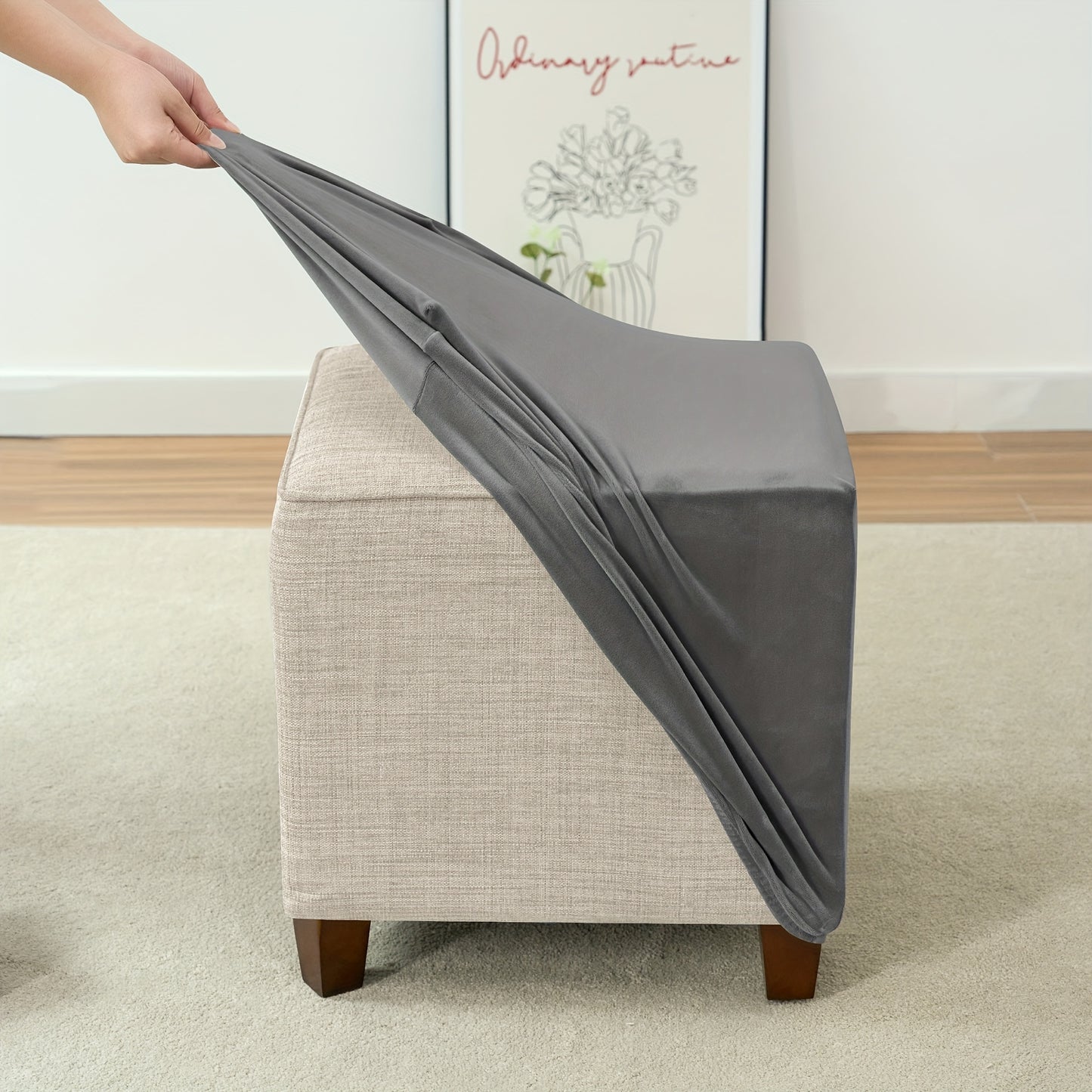 Velvet square ottoman cover for storage stool, with elastic and all-inclusive design.