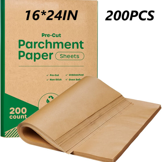 200 sheets of multifold parchment paper for baking, pre-cut to 40.64x60.96 cm, non-stick and oven-safe. Ideal for cooking, baking, air frying, steaming bread, cupcakes, and cookies.