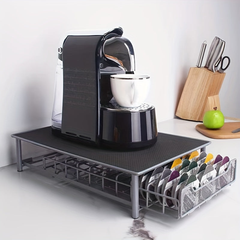 Iron Art Coffee Machine Base with 1pc Coffee Capsule Storage Drawer that can hold up to 60 capsules. Also includes a Coffee Bean Rack and Coffee Capsule Rack.