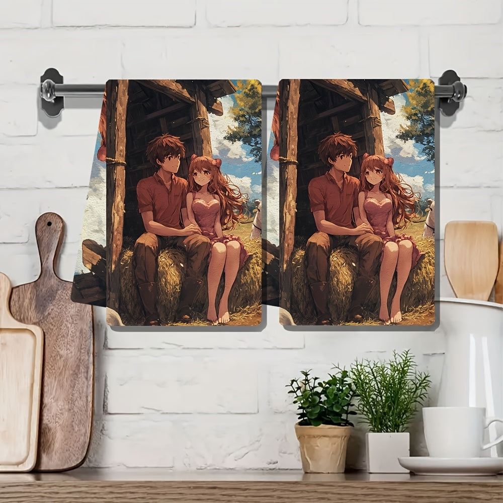 This set includes 2 ultra-soft kitchen towels with an anime couple seated on a heart-shaped hay bale at a farm, feeding animals. These dish towels are highly absorbent, perfect for holiday decoration, machine washable, and measure 40.64X60.96 cm.