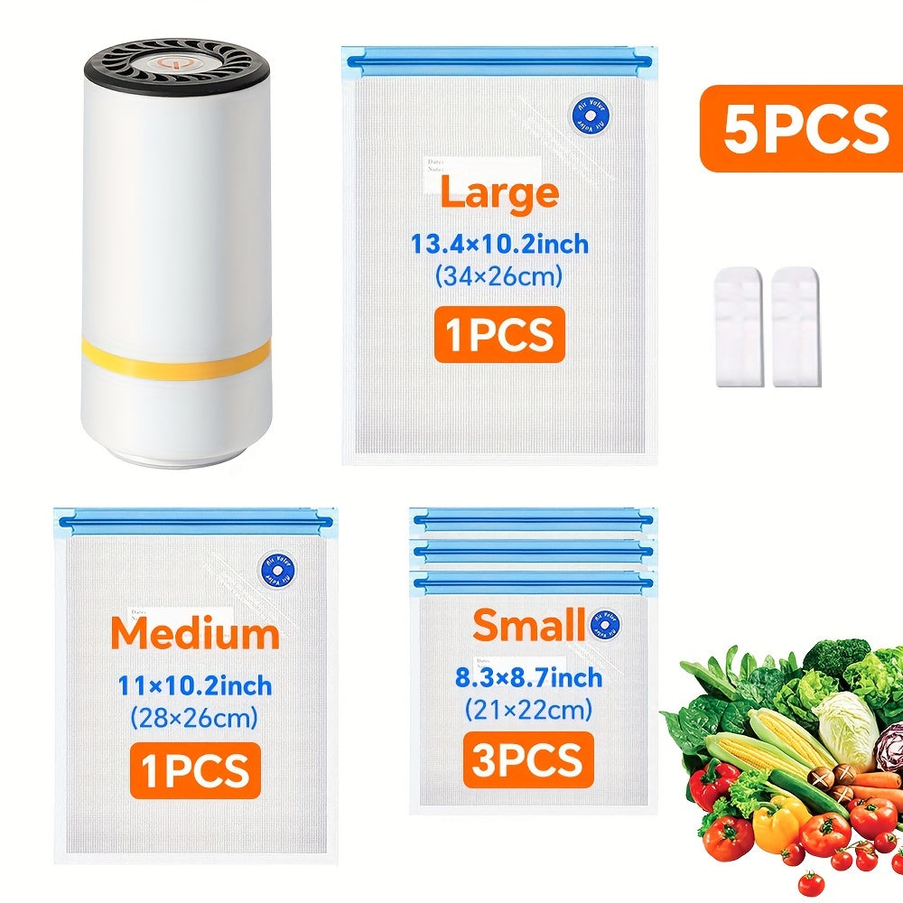 This set includes 20pcs of 5pcs food vacuum sealing bags and a compact handheld electric vacuum machine. The set offers three different sizes of food sealing bags (21.59cm x 20.32cm, 27.94cm x 25.4cm, 27.94cm x 33.02cm) for all your vacuum sealing needs.