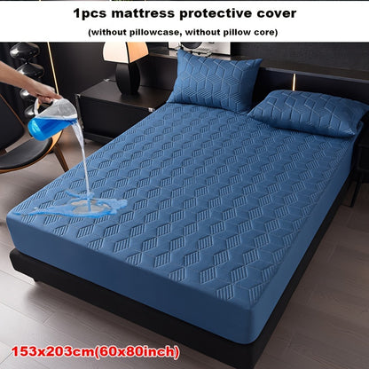 Waterproof mattress protector cover, machine washable with soft comfort fit. Suitable for hotel, living room, or bedroom. Made with polyester outer and PU inner, quilted with twill weave