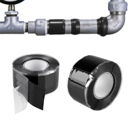 Self-Fusing Silicone Repair Tape seals and waterproofs leaky pipes, easy to apply with black adhesive.