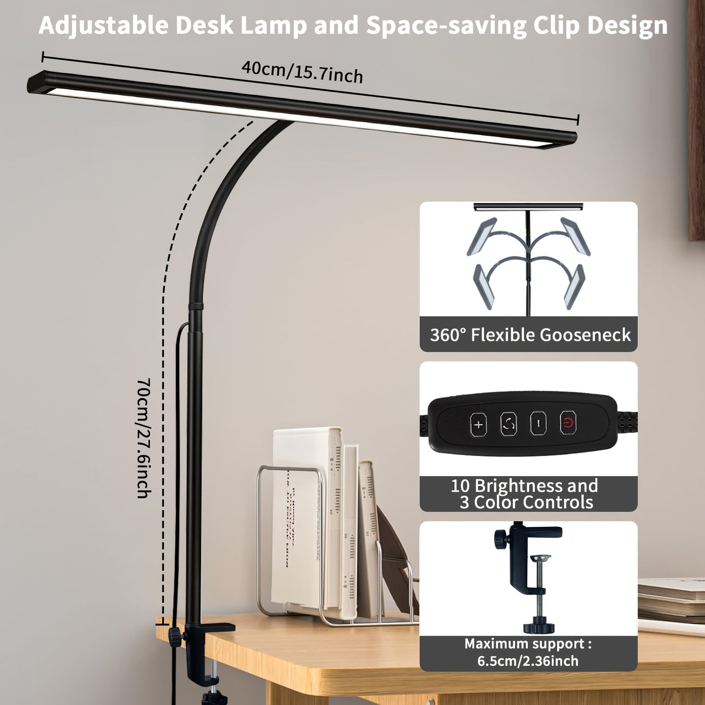 Black desk lamp with clamp for home office gaming table. Reading light with no glare. Dimmable light mode and adjustable brightness. Adjustable angle and USB charging (adapter not included).