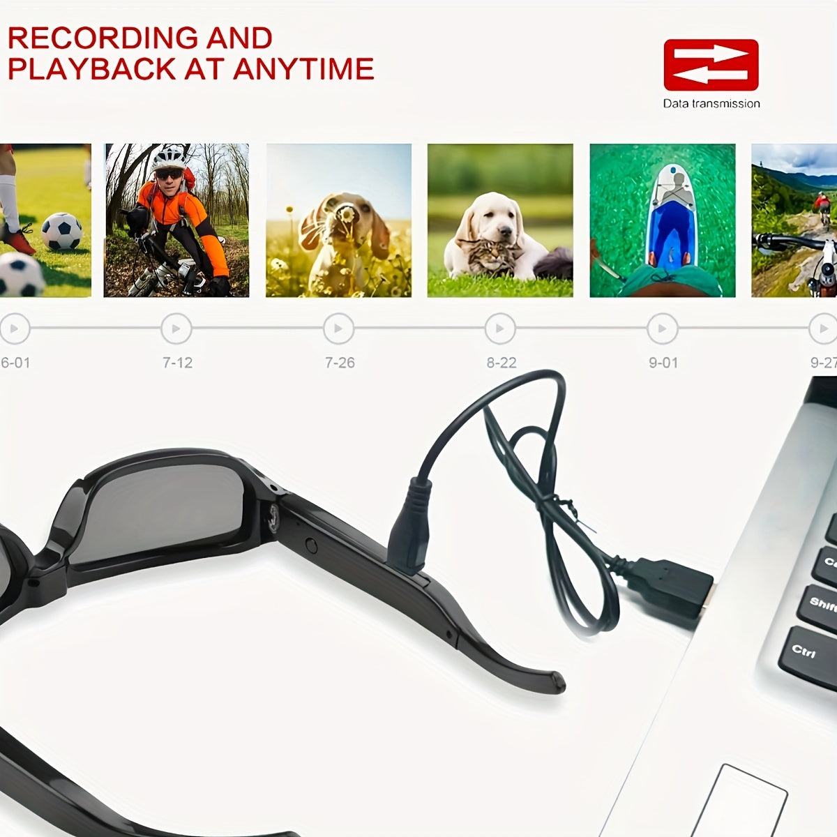 HD video glasses for sports & meetings, 1080P, 90-min battery, 75° wide angle, 64GB memory card included.