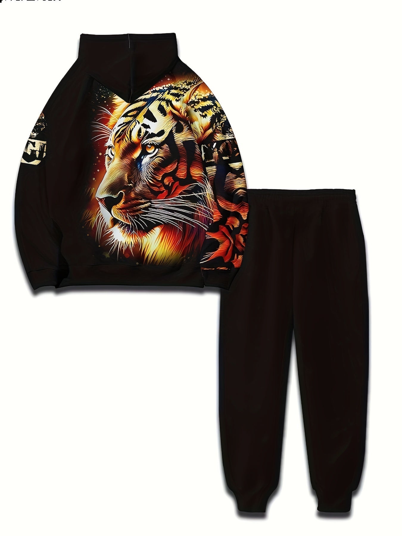 Men's 2-piece casual outfit featuring a long sleeve hoodie and sweatpants in a creative tiger 3D print, perfect for spring and fall.