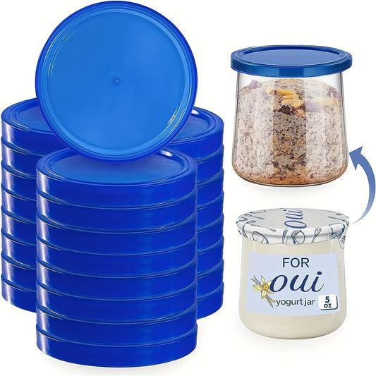 30 to 60 pieces of Oui Yogurt Jar Lids. These clear plastic blue lids are perfect for cookie and coffee supplies, as well as storing glass jars in the kitchen. Perfect for kitchen storage needs.