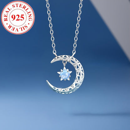 Luxurious 925 Sterling Silver Moon Pendant Necklace with Synthetic Blue Zirconia, June Birthstone - Perfect Gift for Women for Daily & Special Occasions.