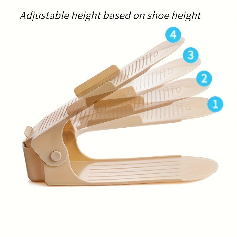 Two-tier stackable shoe organizer made of plastic, suitable for home use. Can be adjusted to save space and without the need for electricity. Versatile for use in bedrooms, living rooms, and dorms.