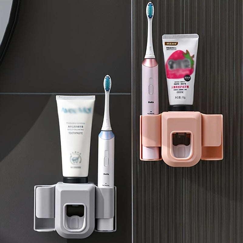 Toothbrush holder with automatic toothpaste dispenser, wall-mounted storage rack for toothbrushes, versatile electric toothbrush holder, punch-free organizer for bathroom essentials.