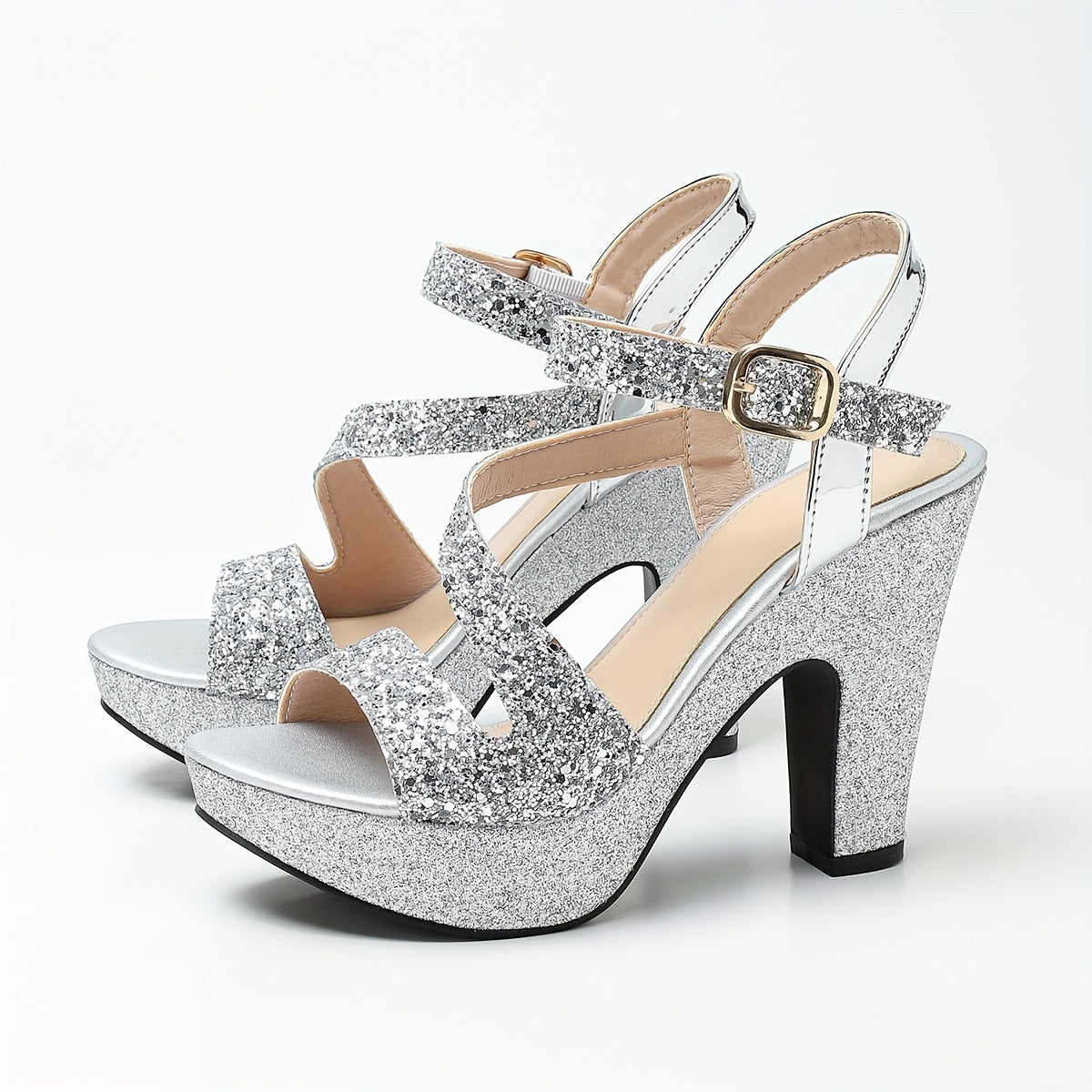 Stylish women's summer shoes with thick golden pink heels, round toe, and hollow design.