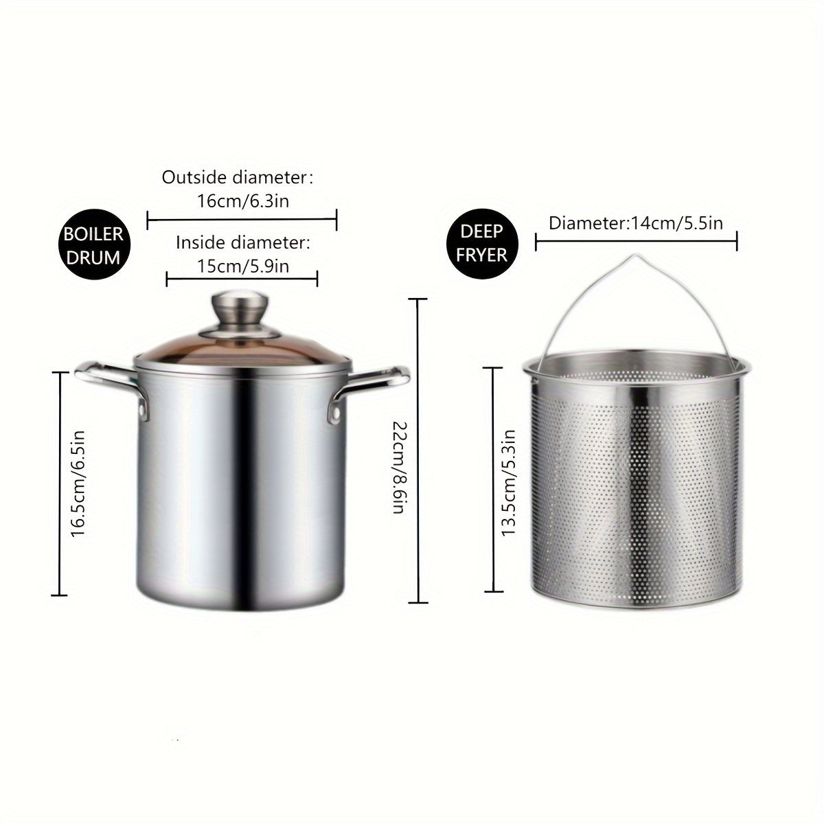 Cooking essentials: Stainless Steel Stockpot Set with Strainer Basket. Crafted from high-quality SUS304 stainless steel, this set is perfect for frying, making soup, and sauces. Induction compatible and no power needed, making it versatile for any