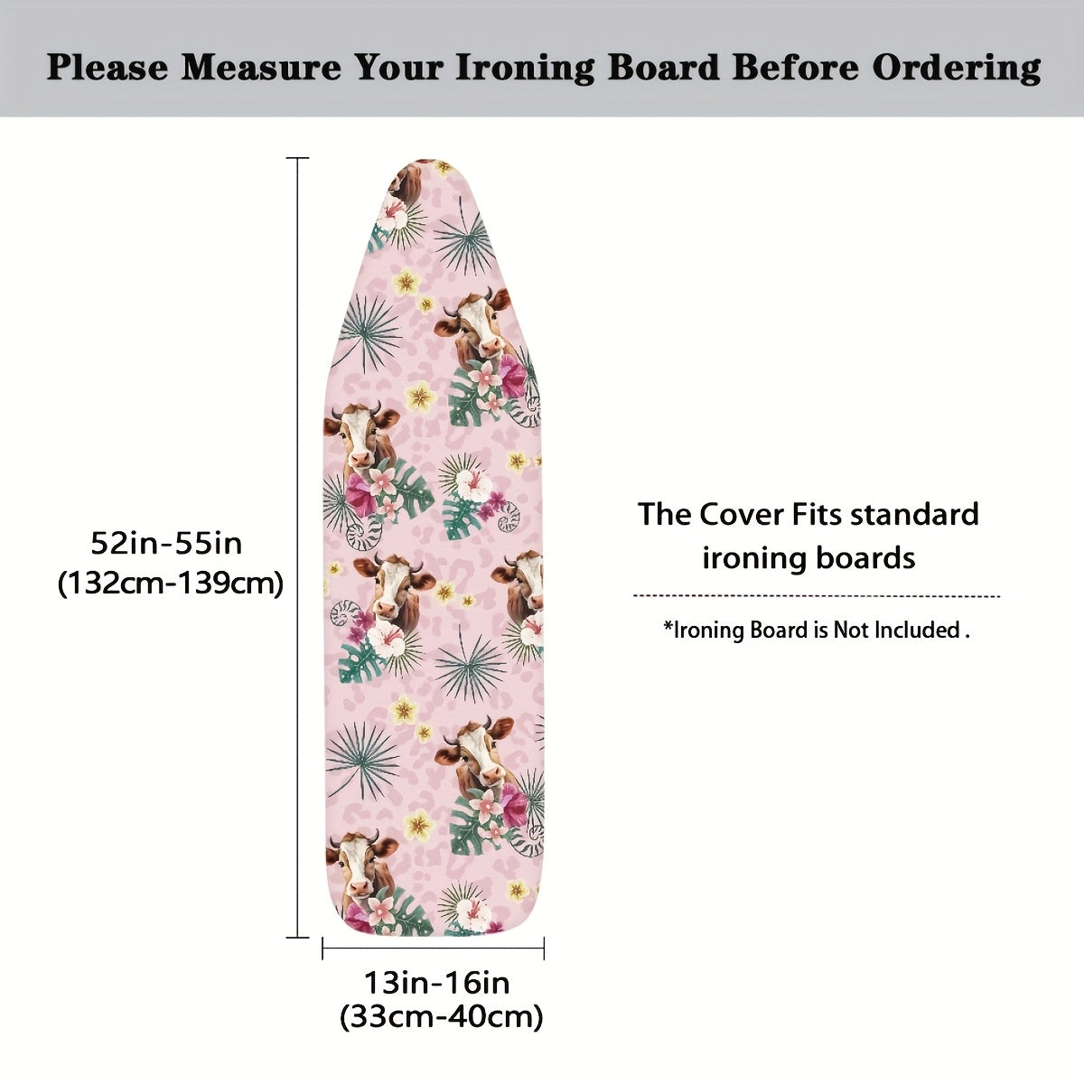 Give your ironing board a stylish and functional upgrade with this cow print cover and pad. Measuring 38.1x137.16 cm and featuring thick padding and an elastic edge, this cover is not only stain-resistant but also offers added protection. It makes the