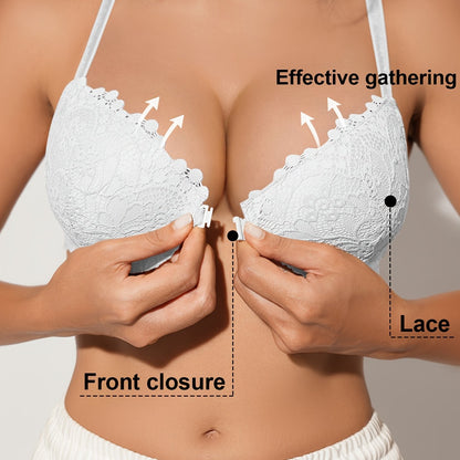 Stylish Lace Push-Up Bra with Front Closure - Breathable, Non-Removable Pads