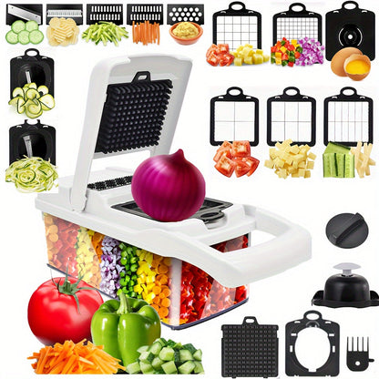 '- Kitchen Set includes 1 Vegetable Chopper, 22in1/15in1 Slicer, Manual Food Grater, and Onion Mincer Cutter
- Multifunctional design for slicing fruits and vegetables easily
- Convenient container for collecting sliced vegetables
- Household essential