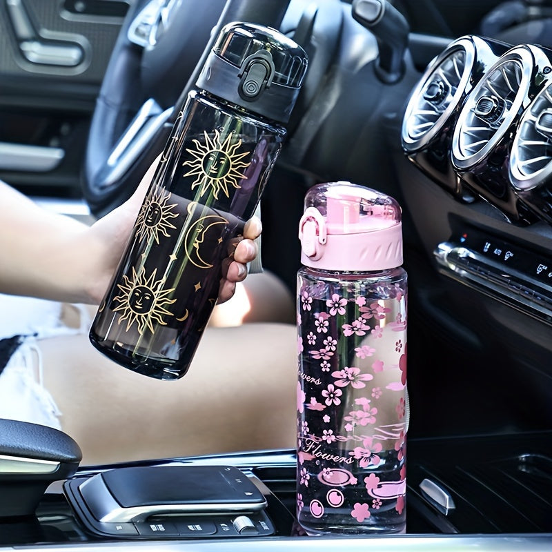 Portable large capacity plastic water bottles with sun and flowers design, leakproof BPA-free tumblers for camping, easy-to-carry, gift-friendly cups.