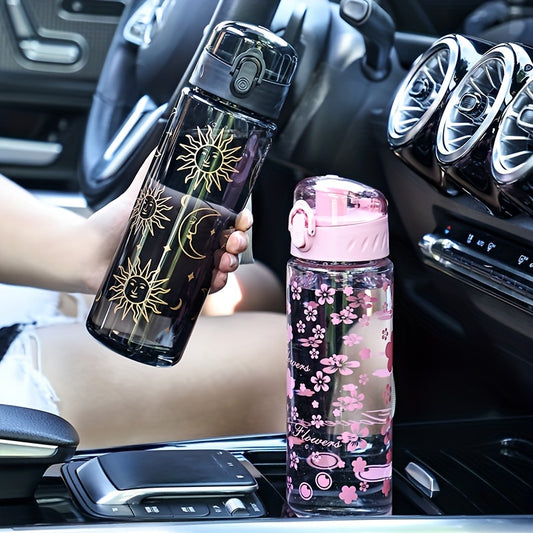 Portable large capacity plastic water bottles with sun and flowers design, leakproof BPA-free tumblers for camping, easy-to-carry, gift-friendly cups.