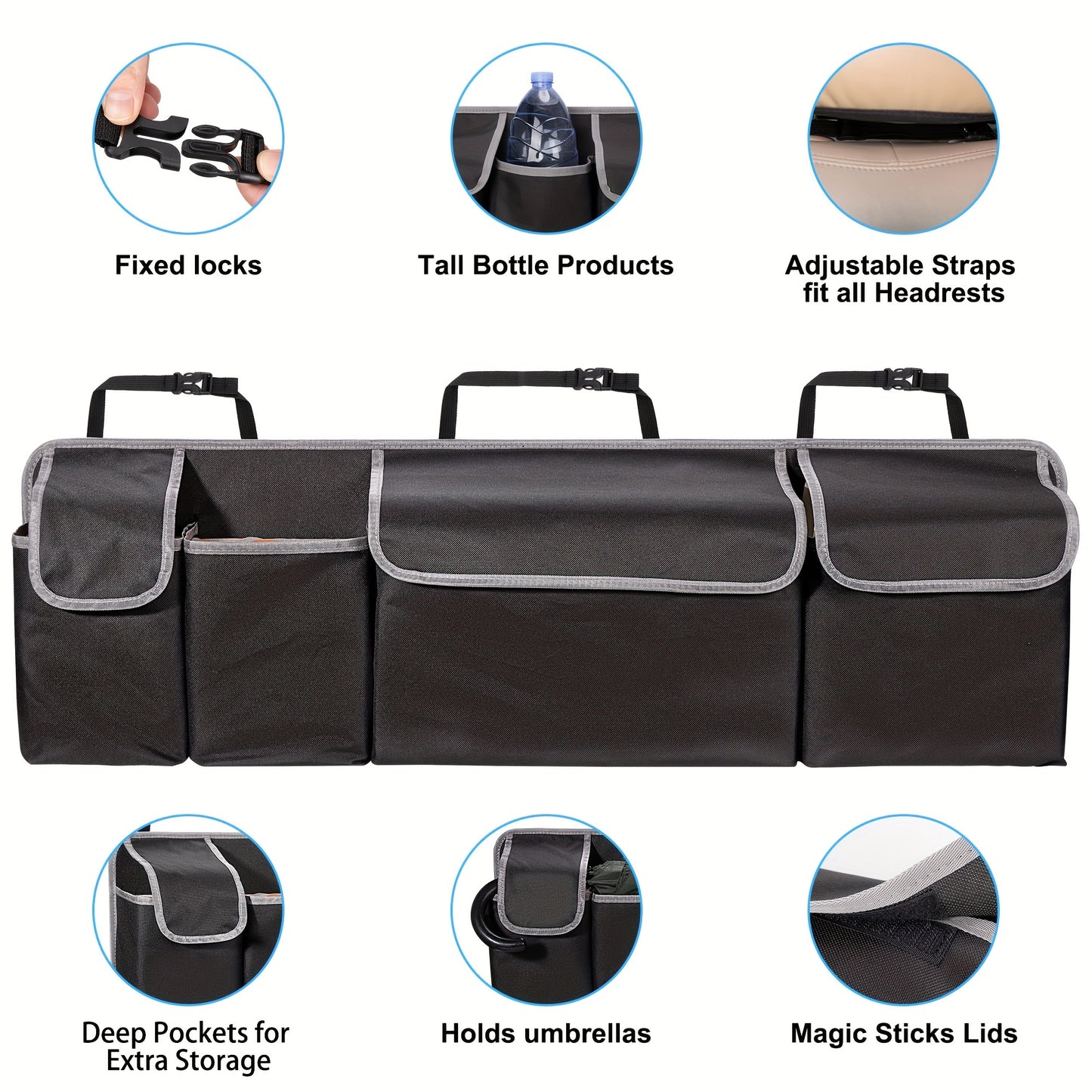 Car seat back organizer with large capacity, multiple pockets, polyester fiber material, vehicle storage solution.