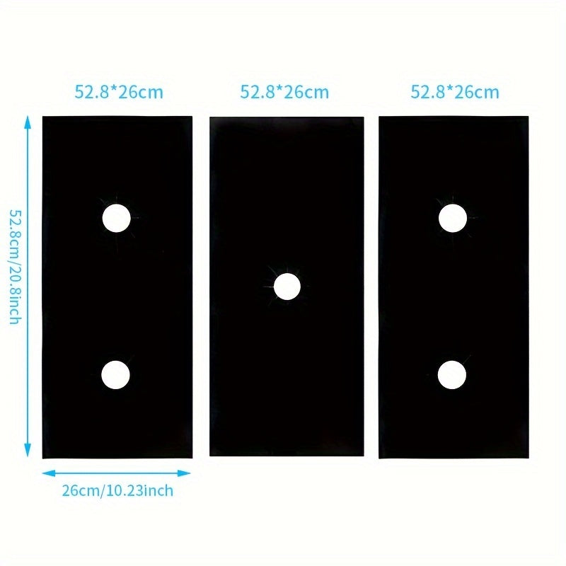 3-pack of gas stove protectors that are highly resistant to high temperatures, measuring at 0.2mm thickness. These mats are easy to clean, reusable, and made of PTFE material. They serve as a protective barrier for your stove, keeping it oil and dirt