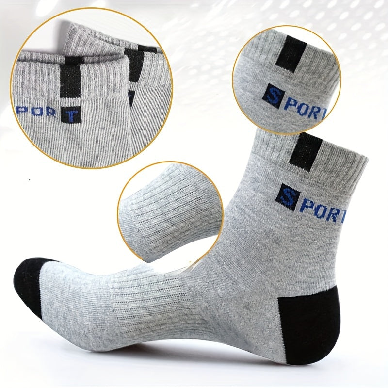 Men's athletic socks with stylish lettering, high elasticity, and moisture-wicking polyester blend. Suitable for running and outdoor sports in black, gray, white, blue, and navy options.