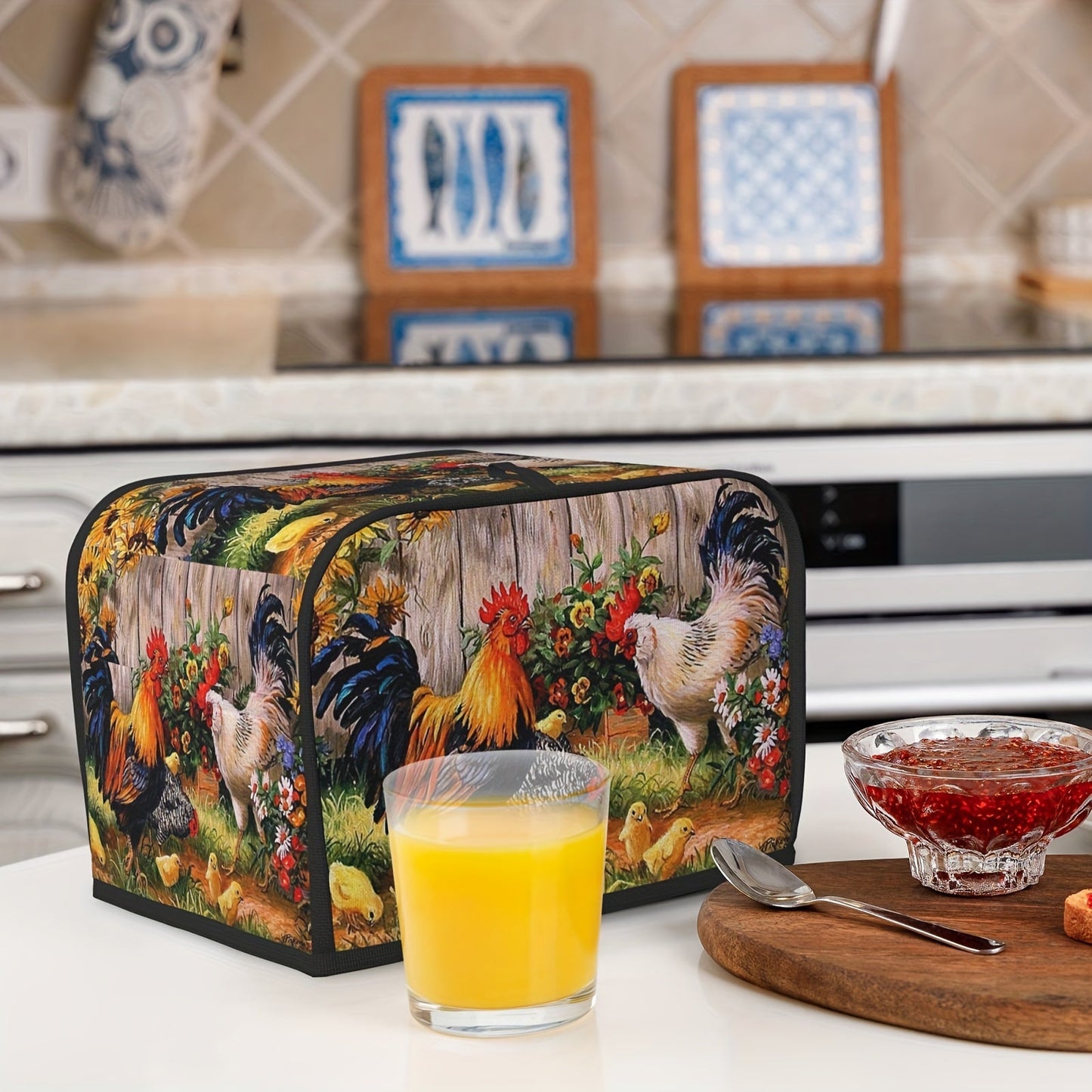 Protect your 2 slice wide slot toaster with this rooster patterned cover. Keep dust, fingerprints, and grease at bay while preventing sputtering. This machine washable cover requires no electricity, making it an ideal gift for women.