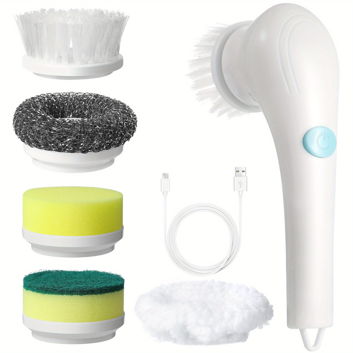 Multifunctional electric rotating scrubber with five interchangeable brush heads for cleaning various surfaces.