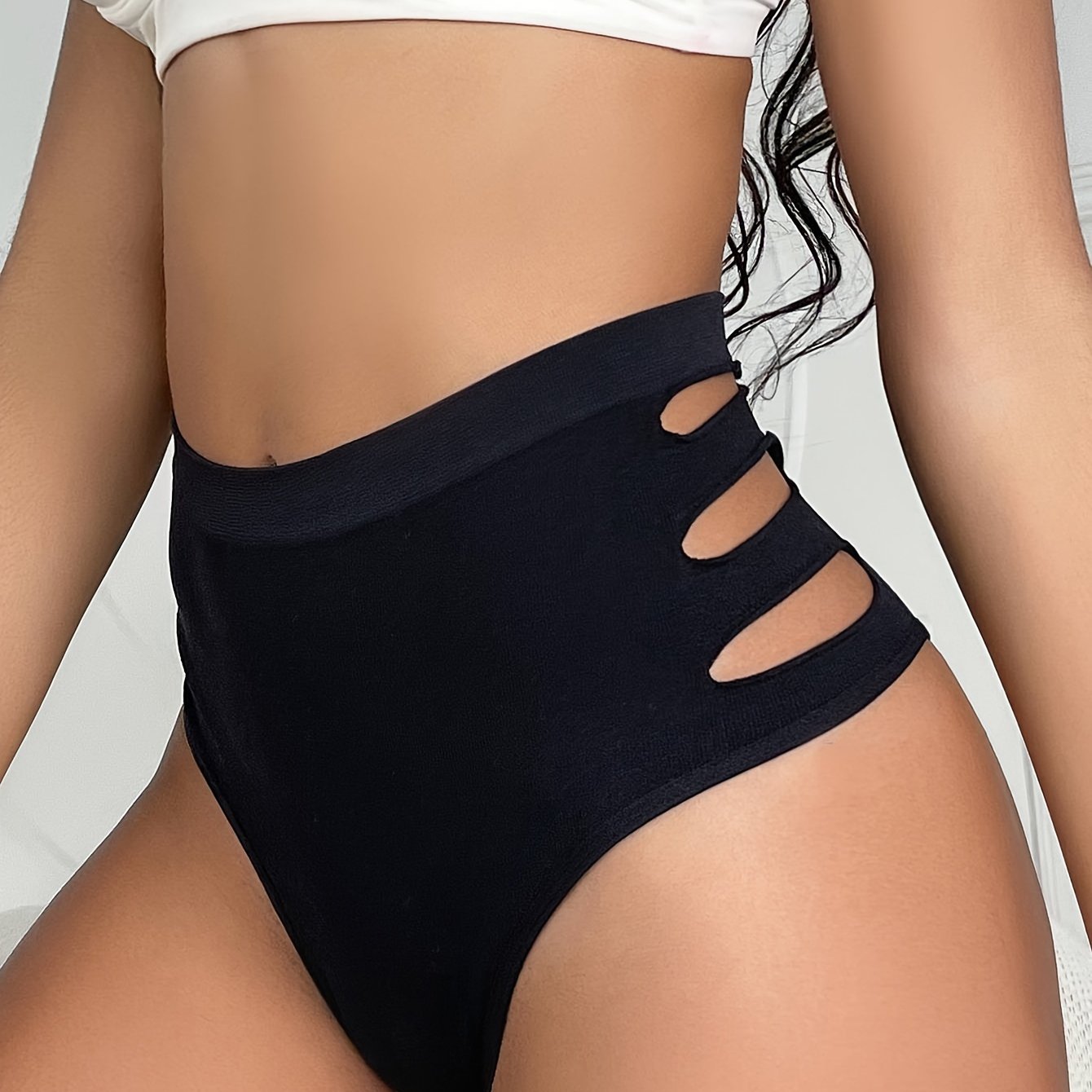 Breathable high-waist briefs with cut out design, comfortable and stretchy for women's lingerie.