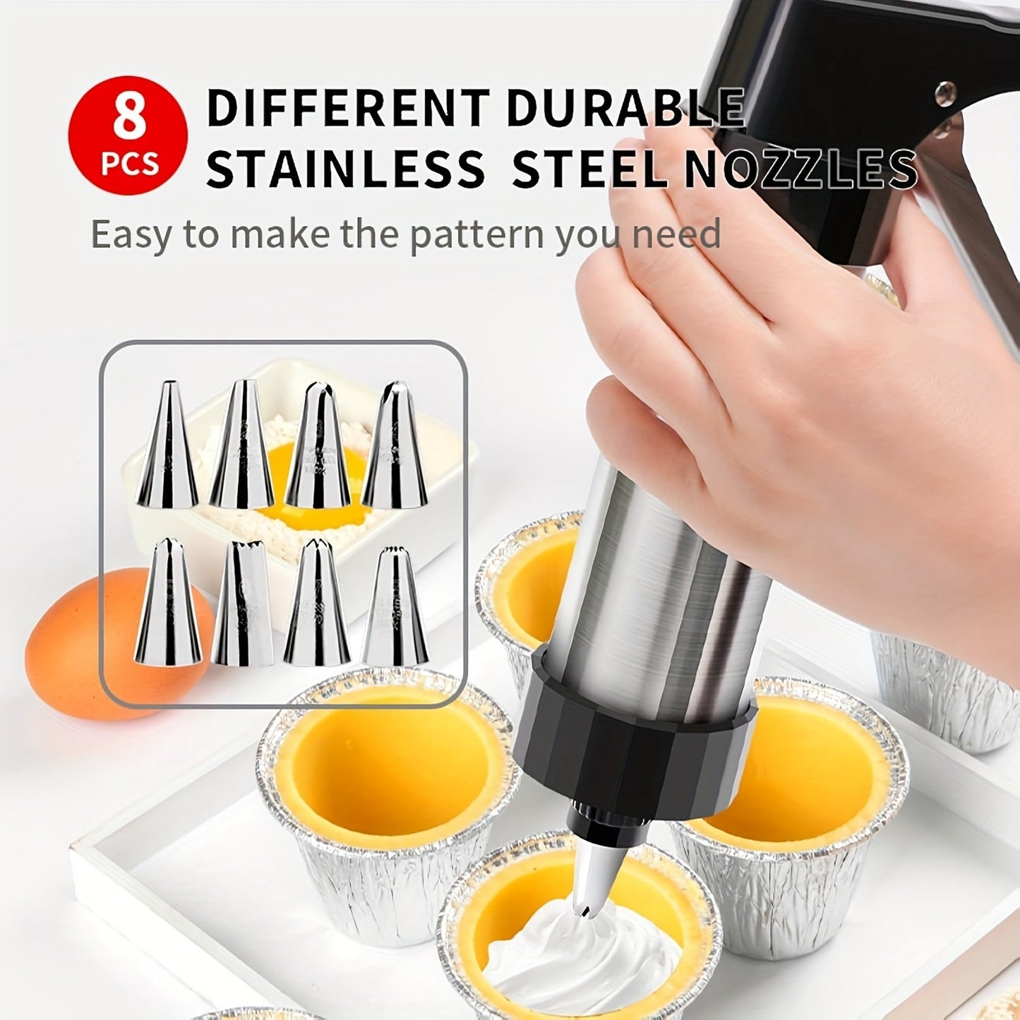 22-piece stainless steel cookie press kit includes 13 disc shapes and 8 icing tips for manual biscuit making and decorating. This non-electric dough extruder and cake decorator is perfect for home baking tools.