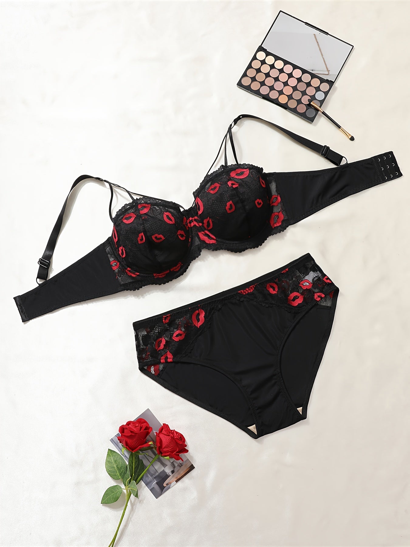 Sexy plus size lace lingerie set with kiss lips embroidery, unlined bra, and mid-waist panty for women.