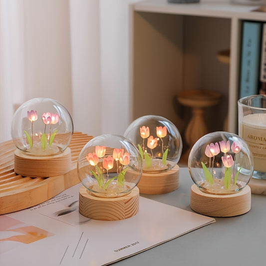 Modern handmade glass tulip night light with switch control. Perfect gift for Mother's Day or birthday. Battery-powered (battery not included).