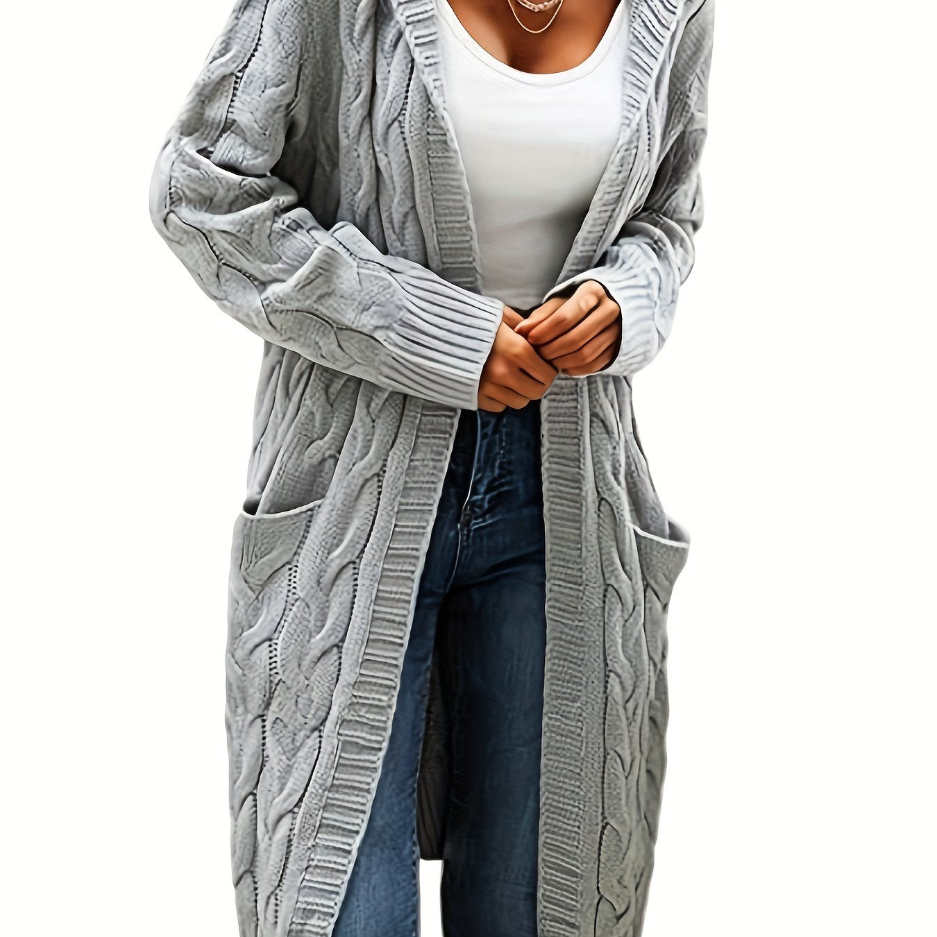 Casual hooded cardigan with cable knit pattern and front pockets, made of cozy acrylic for fall/winter. Machine washable and perfect for layering.