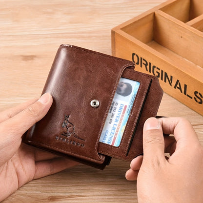 Men's PU leather wallet with RFID blocking, zipper closure, coin purse, and durable polyester interior.