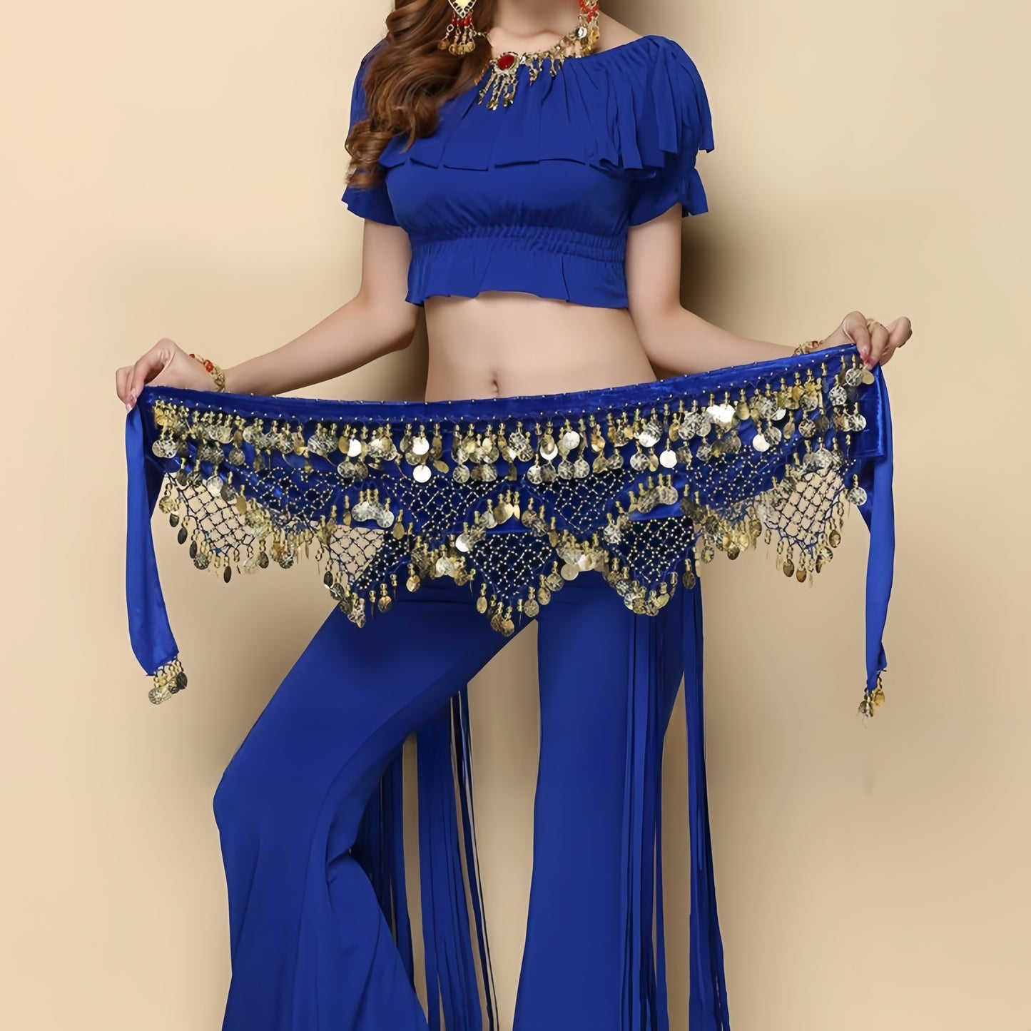 Stylish sequined waist chain belt for belly dancing, suitable for Oriental and Indian dance styles.