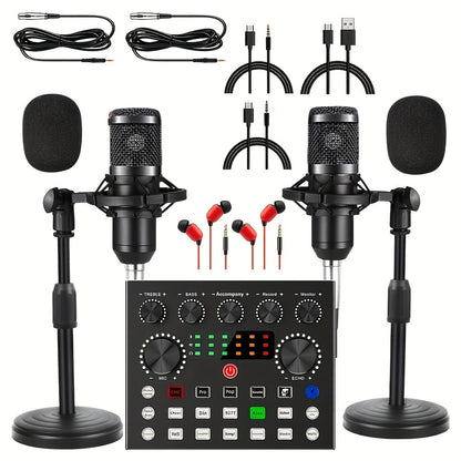 Podcast equipment bundle includes V8s audio interface, BM800 condenser microphone, perfect for recording and live streaming for two people.