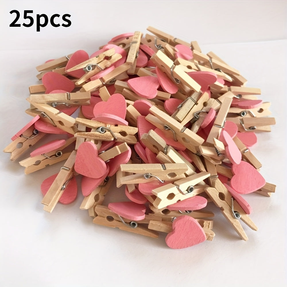 25 red heart wooden clothespin clips for photos, paper, or postcards, ideal for home decor or wedding stationery.