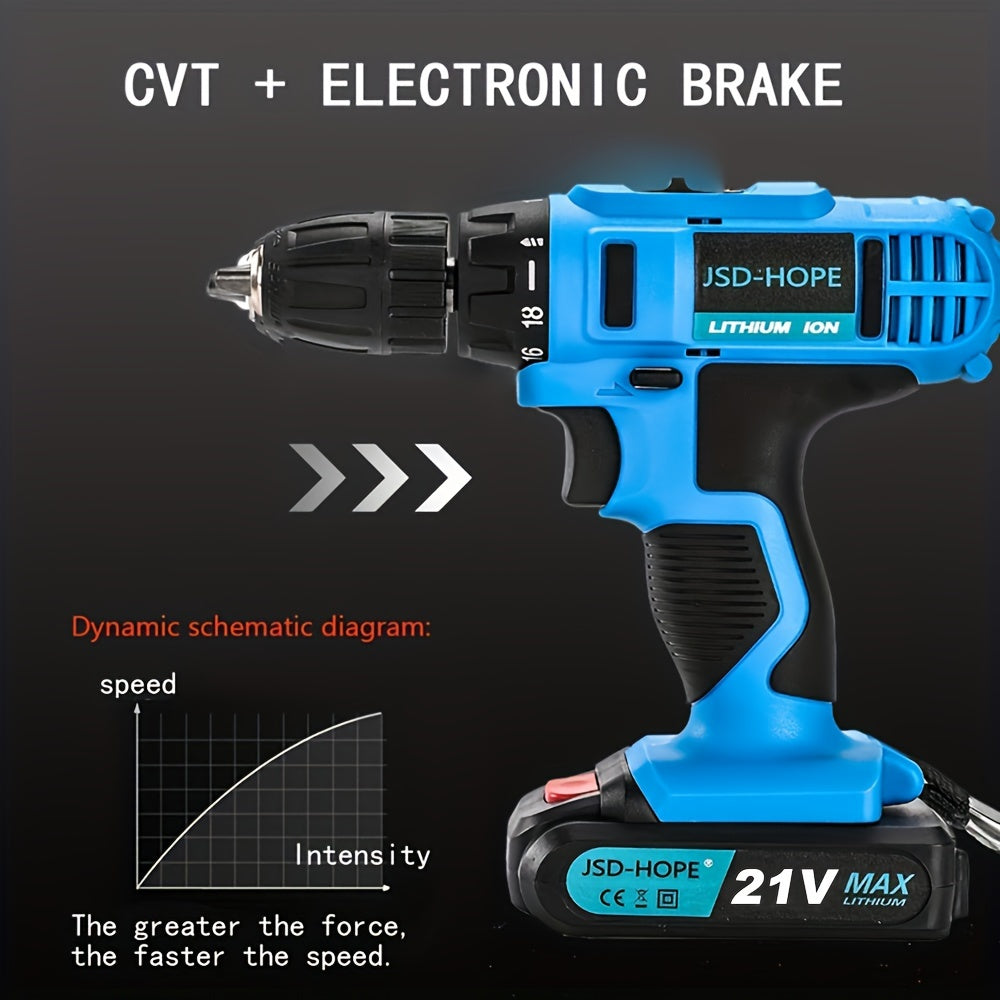 Cordless impact drill with brushless motor, rechargeable lithium battery, and multi-function capabilities. Charger included.