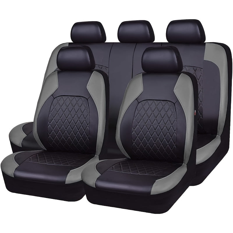 Universal 5-seater car seat cover with PU Leather diamond pattern, including full set of breathable synthetic PU Leather covers. Features airbag compatibility, zipper design, and fits all