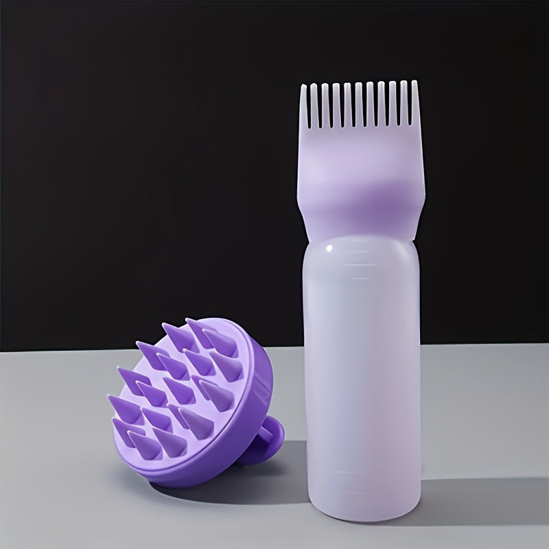 Hair care set includes scalp massage brush, root comb, hair dye bottle, and hair oil bottle. Made for all hair types with ABS plastic and silicone materials. Great for both ordinary and