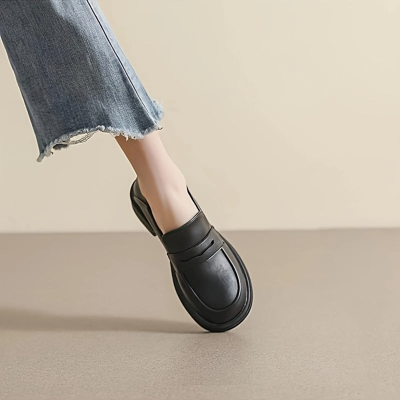 Huizhou-crafted black penny loafers for women, lightweight with rubber sole, round toe, solid color, no embellishments, suitable for all seasons.