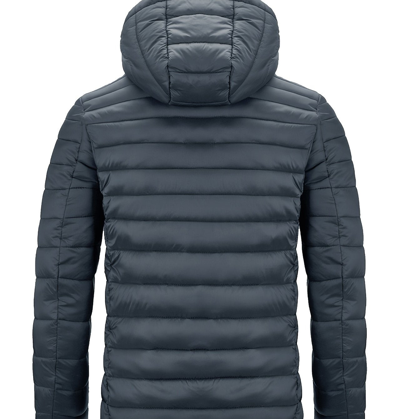 Men's winter hooded jacket with green and orange zipper pockets, made of a warm nylon-polyester blend. Features a full-zip design, ribbed cuff sleeves, and quilted insulation for casual