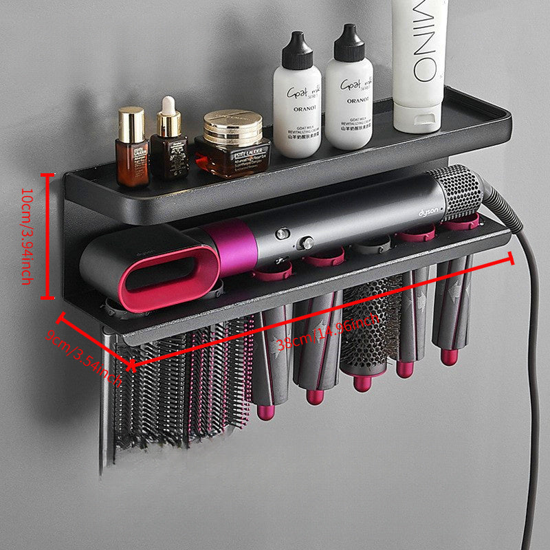 Wall-mounted metal organizer for hair dryer and curler, saving space in the bathroom.