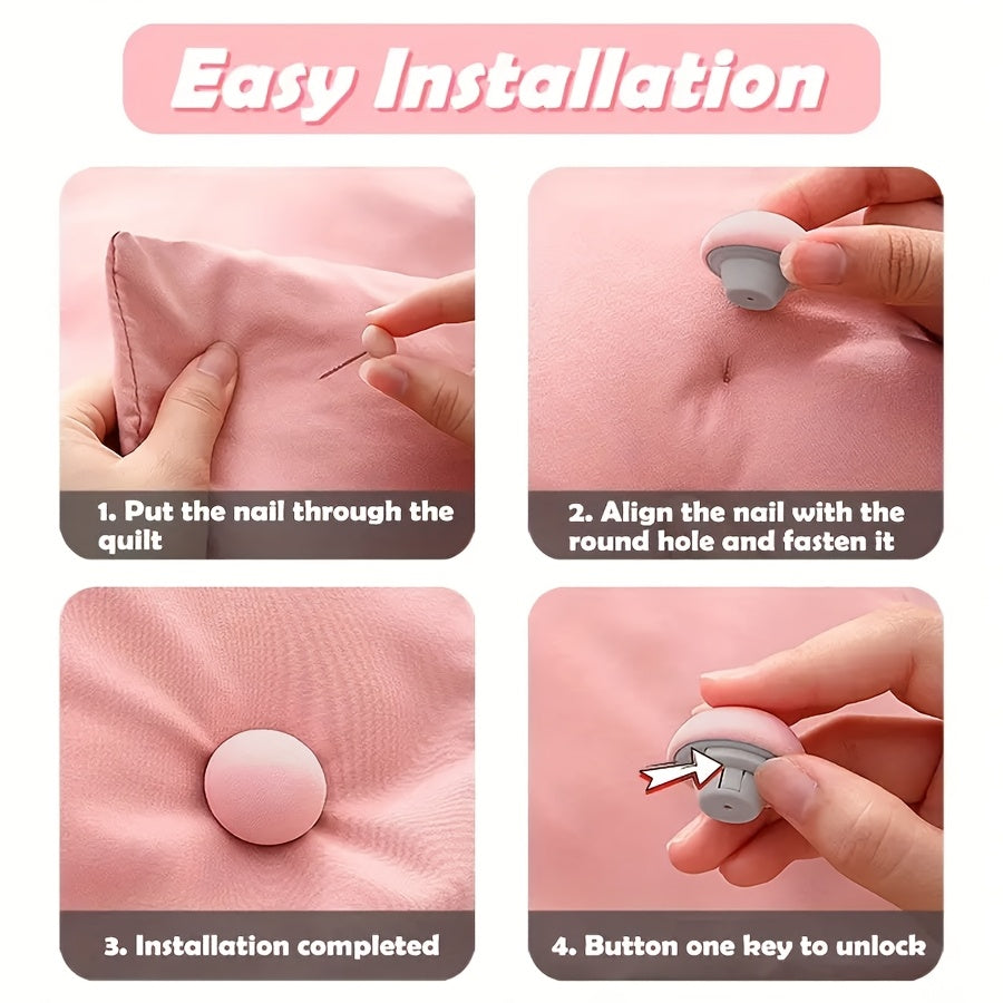 Ensure a comfortable sleep with our 4-Pack Mushroom Shaped Duvet Clips. These clips feature an easy one-key unlock system for quick assembly, invisible design for sleek styling, and are made with pure fabric for a luxurious feel. Spot-clean care makes