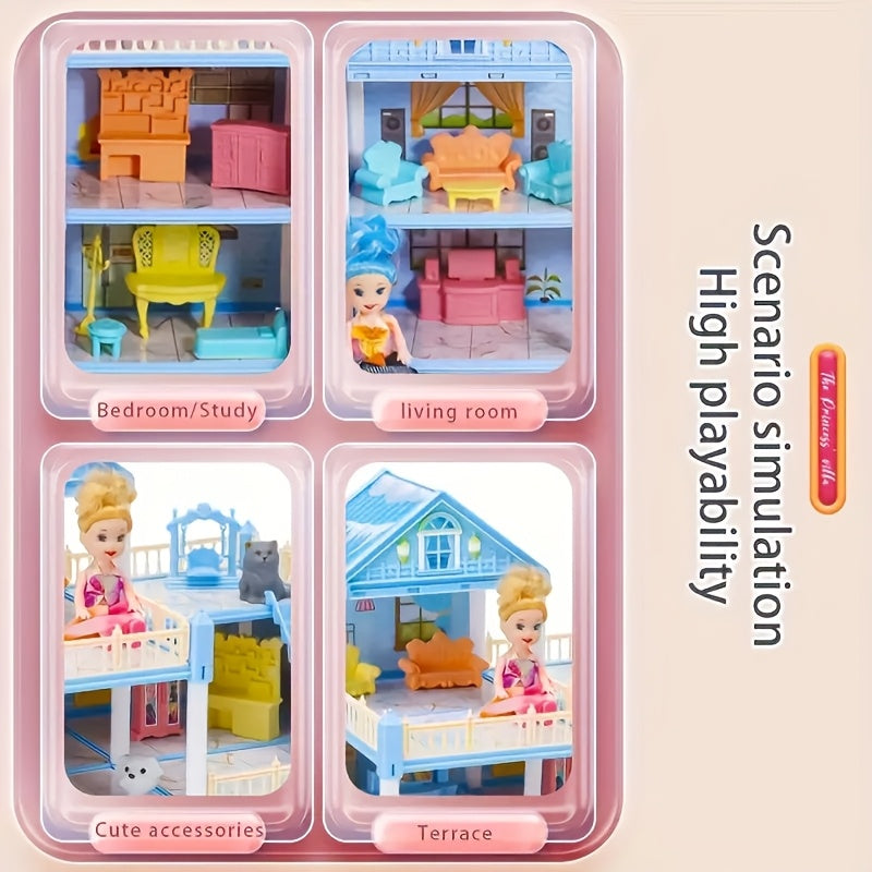 Luxurious 4-story dollhouse set with 4 dolls and accessories, perfect for children's pretend play. Available in pink or blue.