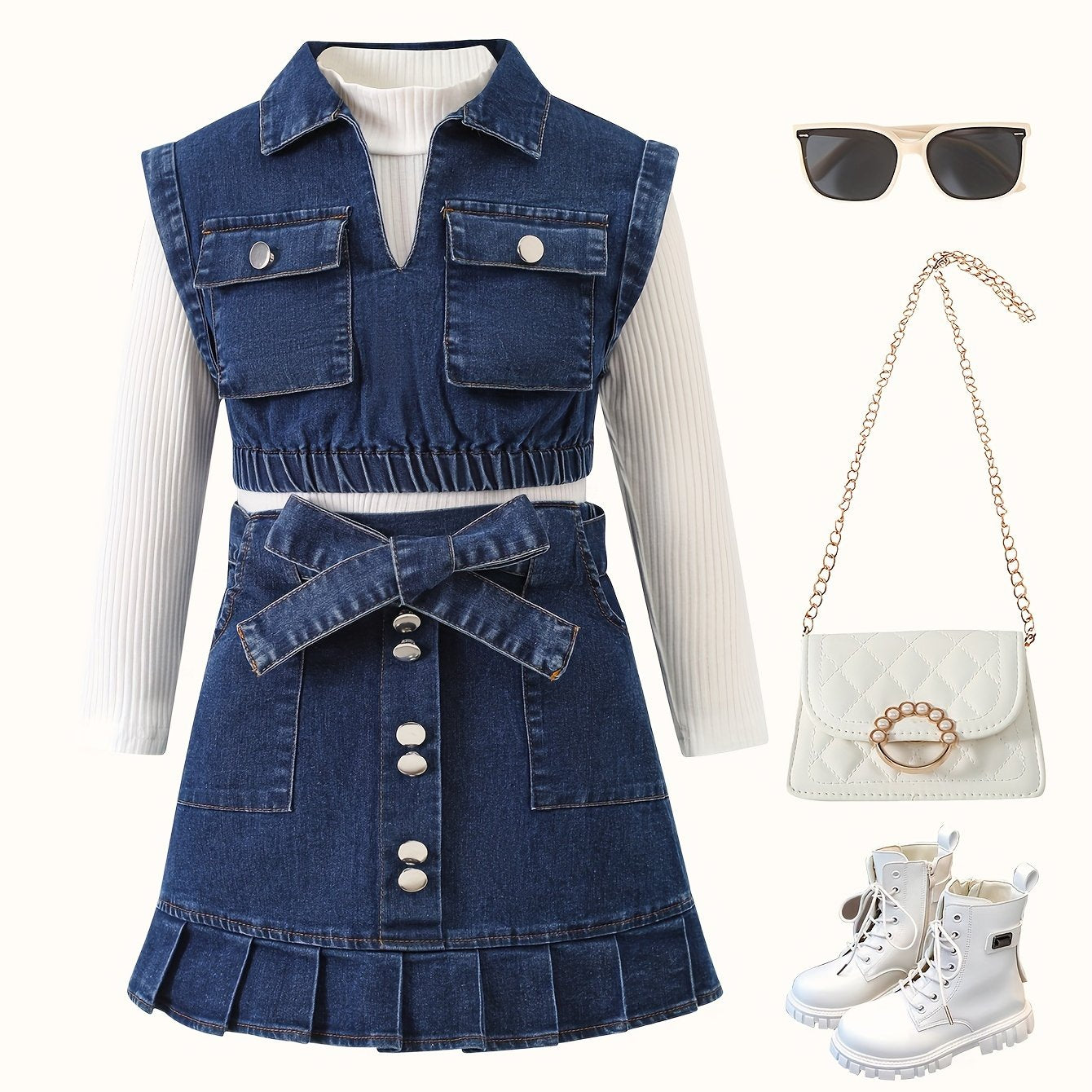 Girls' Fashion Casual Outfit Set: High neck long sleeve top with denim vest, knee-length pleated skirt with belt.